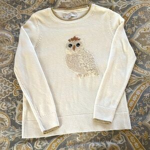 Loft Size Small Off-White Owl Sweater w/Metallic Gold on Neck & Wrist Ribbing